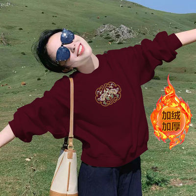 秋冬款纯棉加绒短款长袖卫衣女圆领宽松遮肉韩版百搭加厚外穿上衣