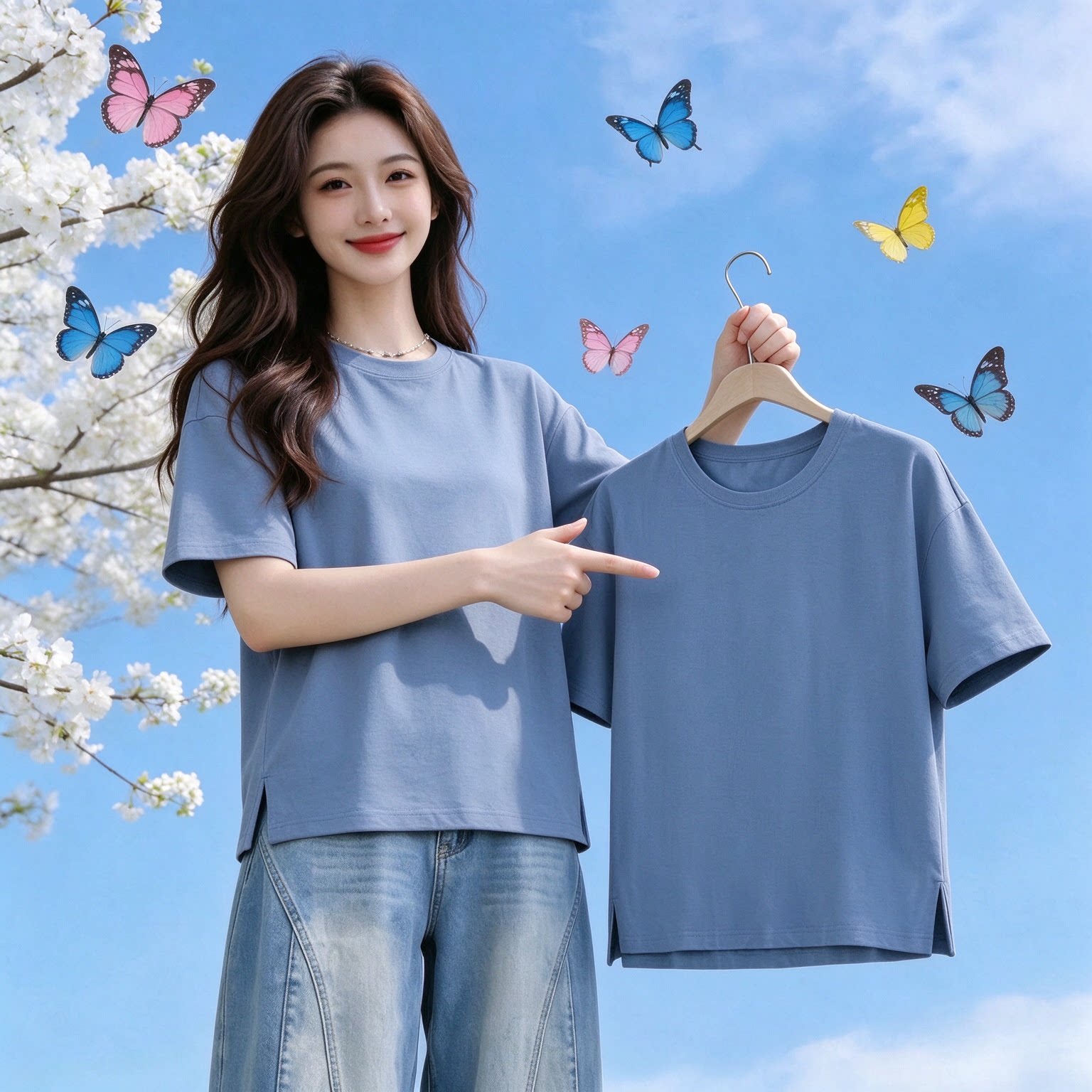 精梳棉纯棉短袖开叉圆领T恤女