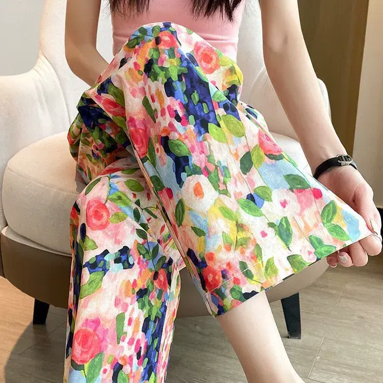 棉绸睡裤女士夏天款人造棉沙滩裤可外穿大码夏季家居服九分裤睡衣