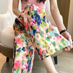女士夏天款 可外穿大码 棉绸睡裤 人造棉沙滩裤 睡衣 夏季 家居服九分裤