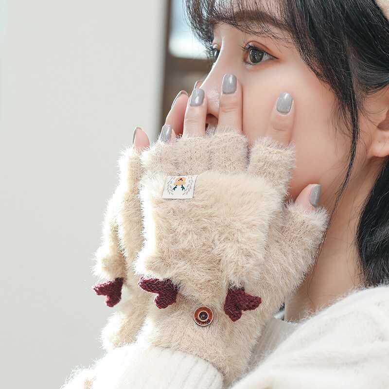 学生写字半指手套女冬骑行翻盖手套日系可爱加绒加厚保暖毛绒厂家
