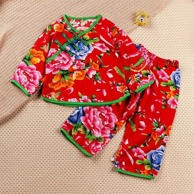 女宝宝东北大花棉绸睡衣女童汉风薄款家居服夏季七分袖套装亲厂家