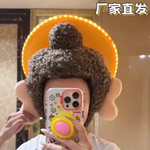 可爱抽象帽子佛光普照造型吱吱叫发声发光佛头帽造型防寒保暖头套