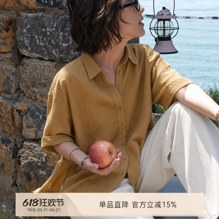 魏老板【故羽】夏季新品老钱风天丝麻亲肤透气轻薄通勤短袖衬衫女