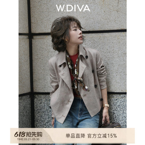 W.Diva法式亚麻双排扣短外套女