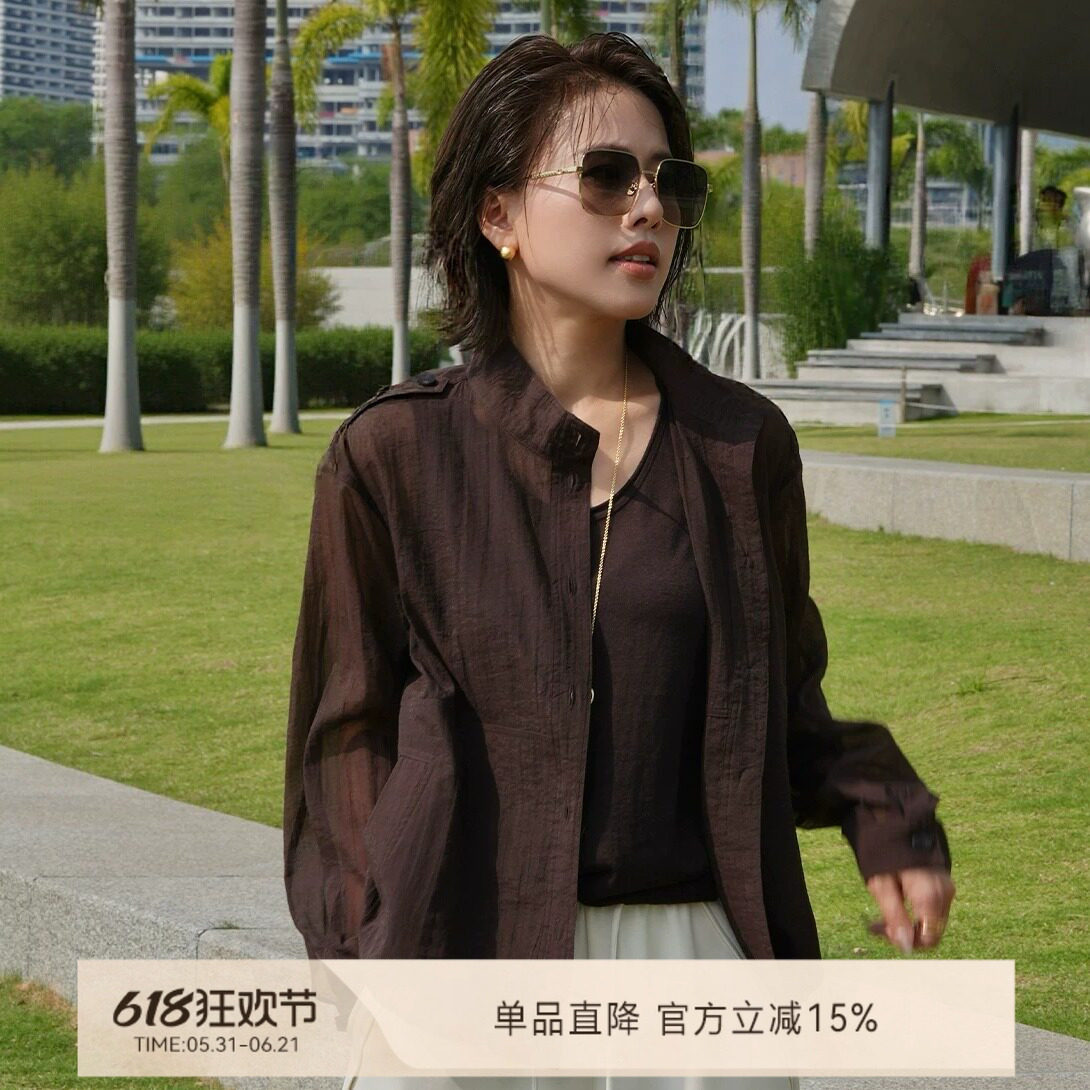 W.Diva【柔锦夏裳】夏季新品修身立领肩章衬衫式防晒外套女魏老板