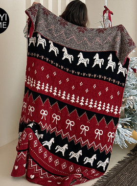 MUYI HOME费尔岛小马半边绒沙发毯客厅盖毯午睡毯红色毯子新年毯