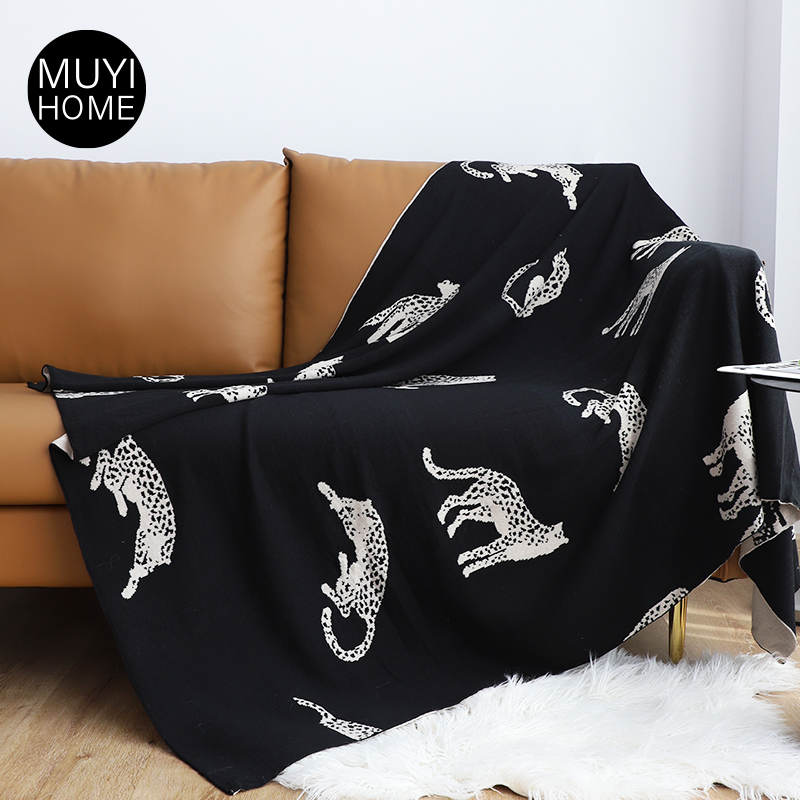 MUYI HOME轻奢猎豹提花毛毯黑白简约客厅沙发盖毯休闲毯针织毯子