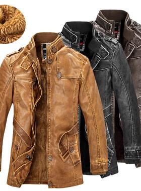Men winter long leather jacket fashion motorcycle slim coat