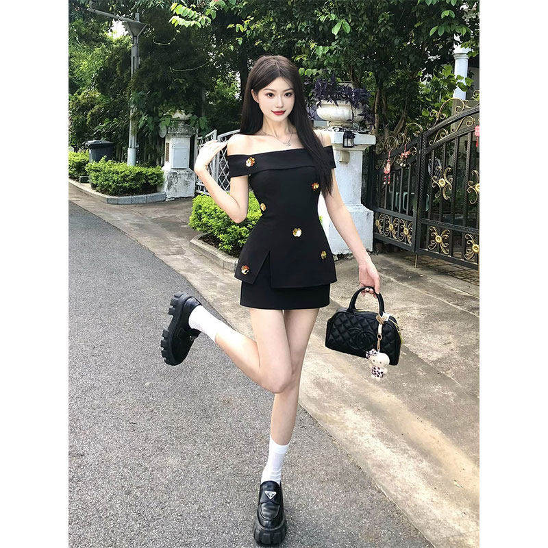黑色甜酷千金感花朵一字肩无袖上衣半身裙设计感小众不撞款套装夏