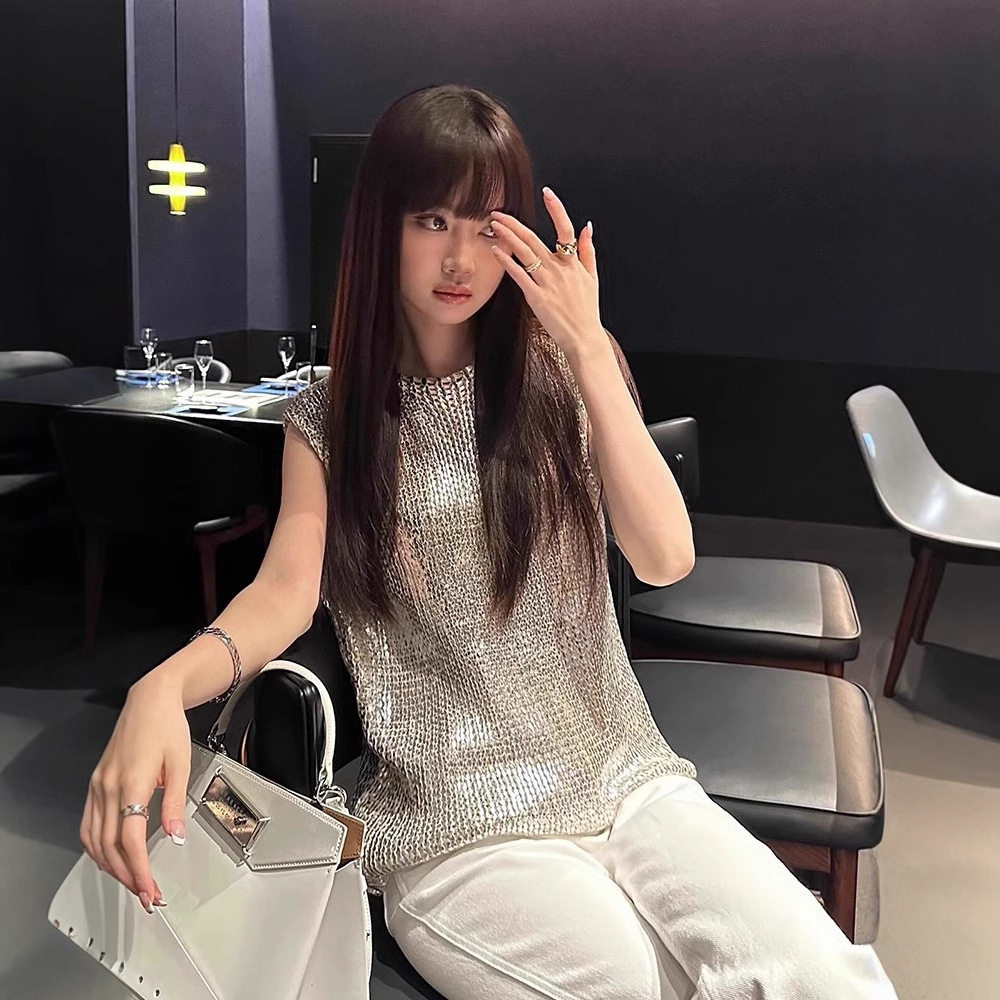 欧美风设计感银色编织无袖背心女夏季新款小众别致宽松圆领上衣