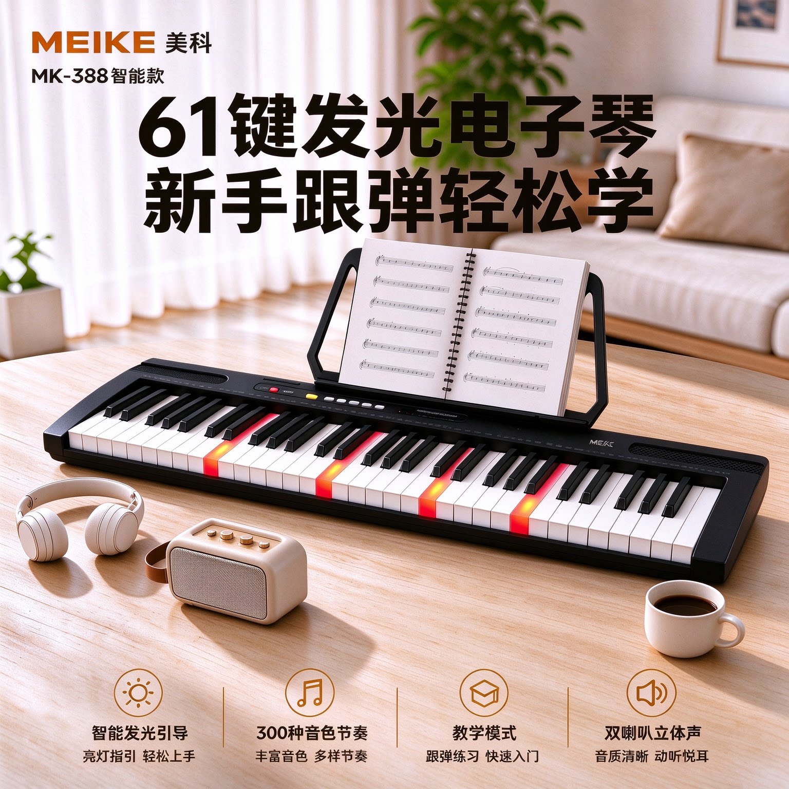 MEIKE/美科MK388电子琴61键亮灯儿童家用便携迷你初学者宝宝教学