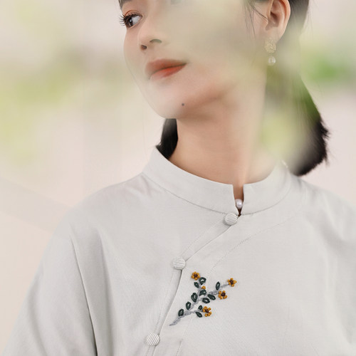 拈花缘纯棉夏季手工绣花旗袍上衣
