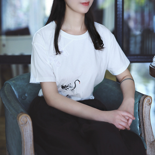 棉麻盘扣旗袍上衣文艺中国风手绘白色纯棉短袖 中式 t恤女宽松夏