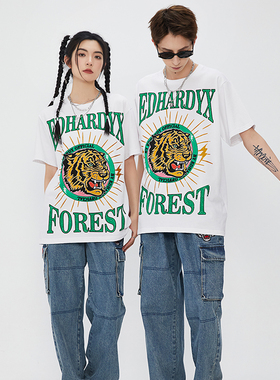 EdHardyX2023夏季虎头烫钻时尚宽松潮流黑色短袖t恤情侣X1PAU109