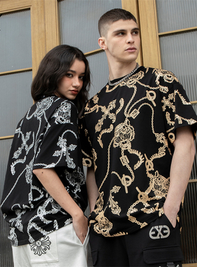 EDHARDY X T恤锁链老虎头烫金银潮牌圆领短袖t恤夏季X1B2TA122206