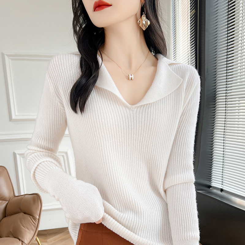 秋冬翻领100%纯羊毛针织衫