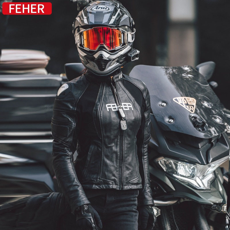 feher飞儿摩托车骑行服机车赛车服夹克防摔服女士修身真牛皮皮衣