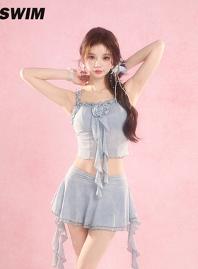 WESWIM泳衣女度假风分体绝美海边花朵小胸纯欲少女吊带2025夏新款