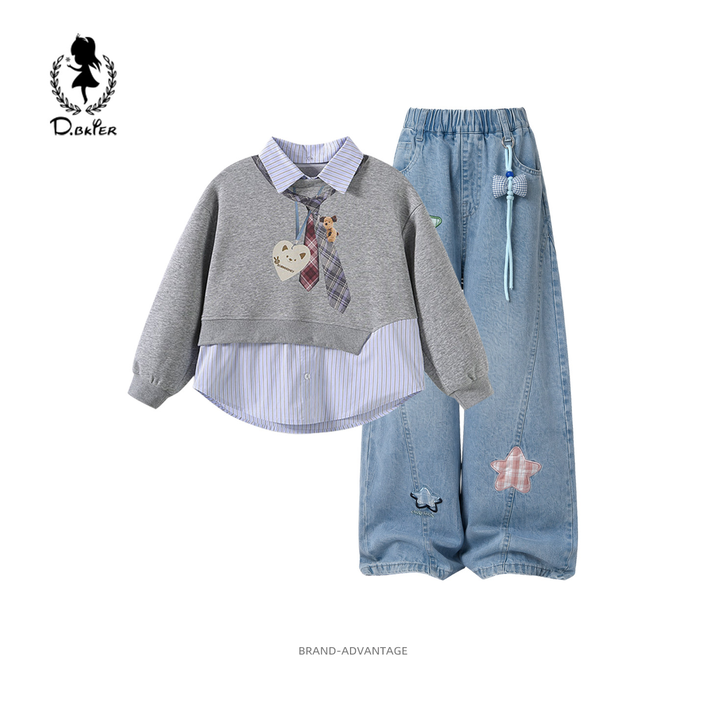 DeerBell女童学院卫衣牛仔裤套装