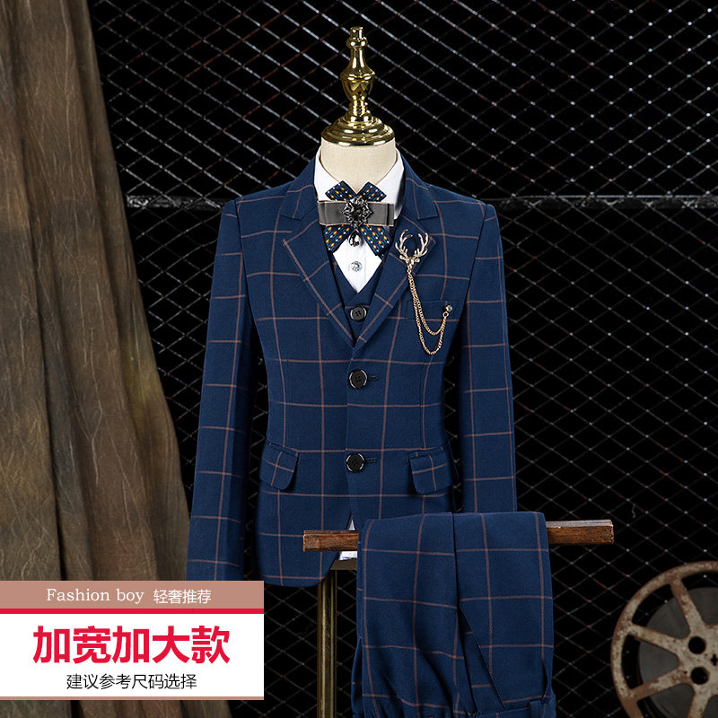 男童加肥加宽西服中大童蓝格加大码男孩西装套装胖童钢琴演奏礼服