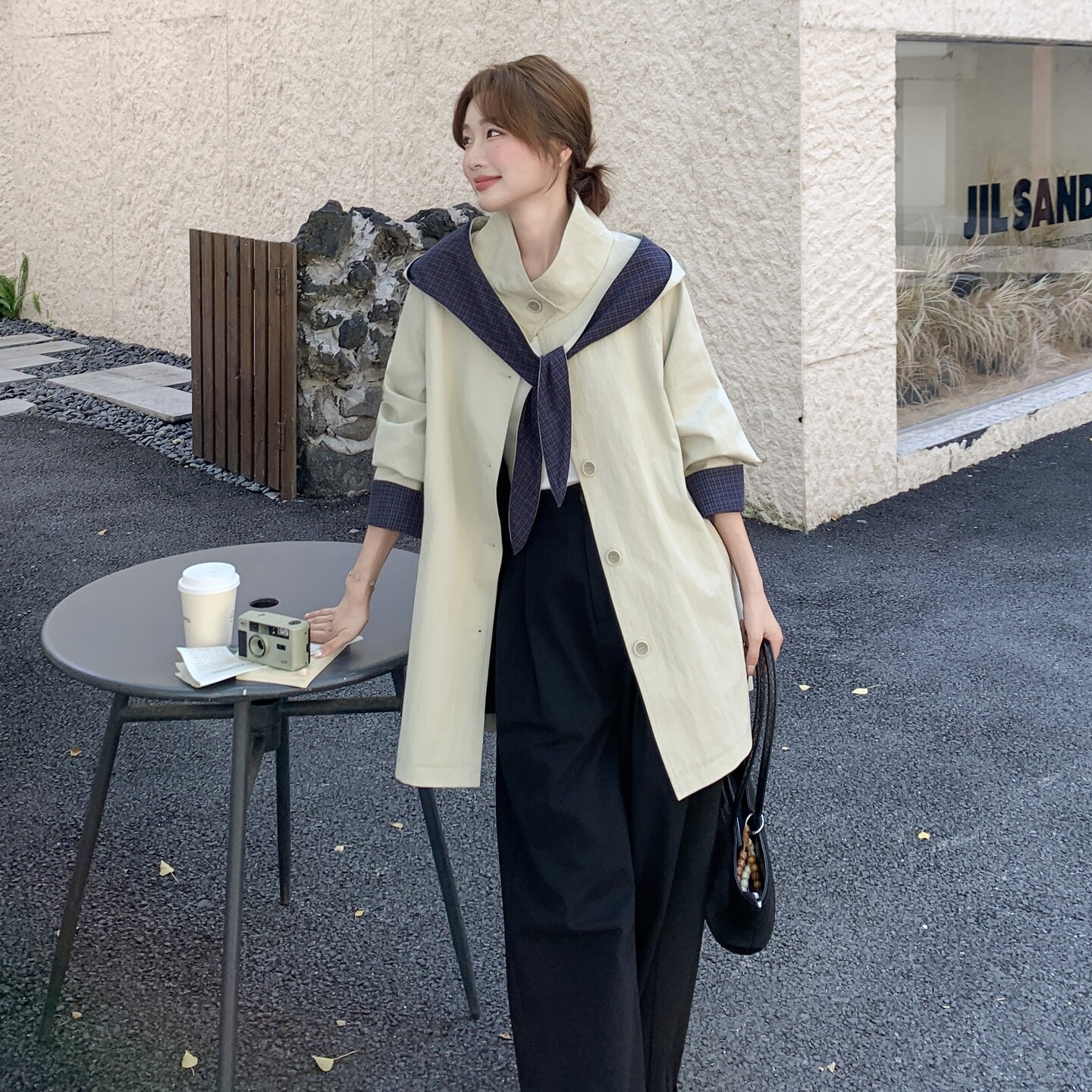 撞色格子可拆连帽风衣外套女春秋2025新款爆款百搭小个子休闲大衣,女装风衣,浙宝176（原073）