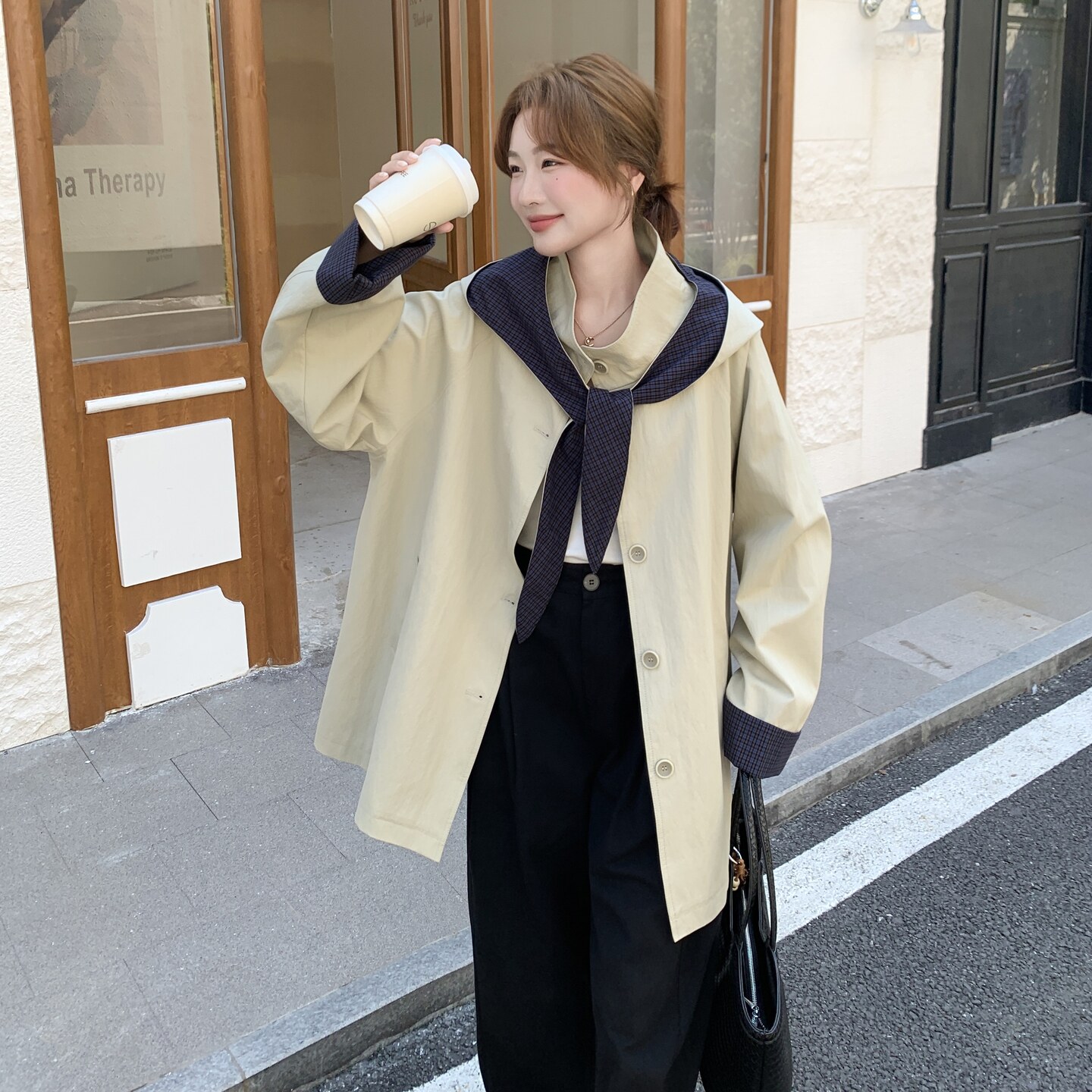 【数据好】【主推款】时尚格子拼接风衣外套女春秋8930-P175-K258,女装风衣,浙宝176（原073）