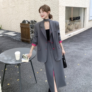 灰色撞色西装套装裙女2025秋季新款高级感时尚御姐风半身裙两件套图片