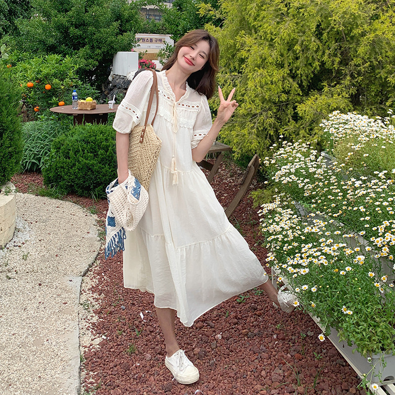 甜美气质网纱拼接米色连衣裙女夏2025新款独特漂亮长裙别致超好看,女装连衣裙,浙宝176（原073）