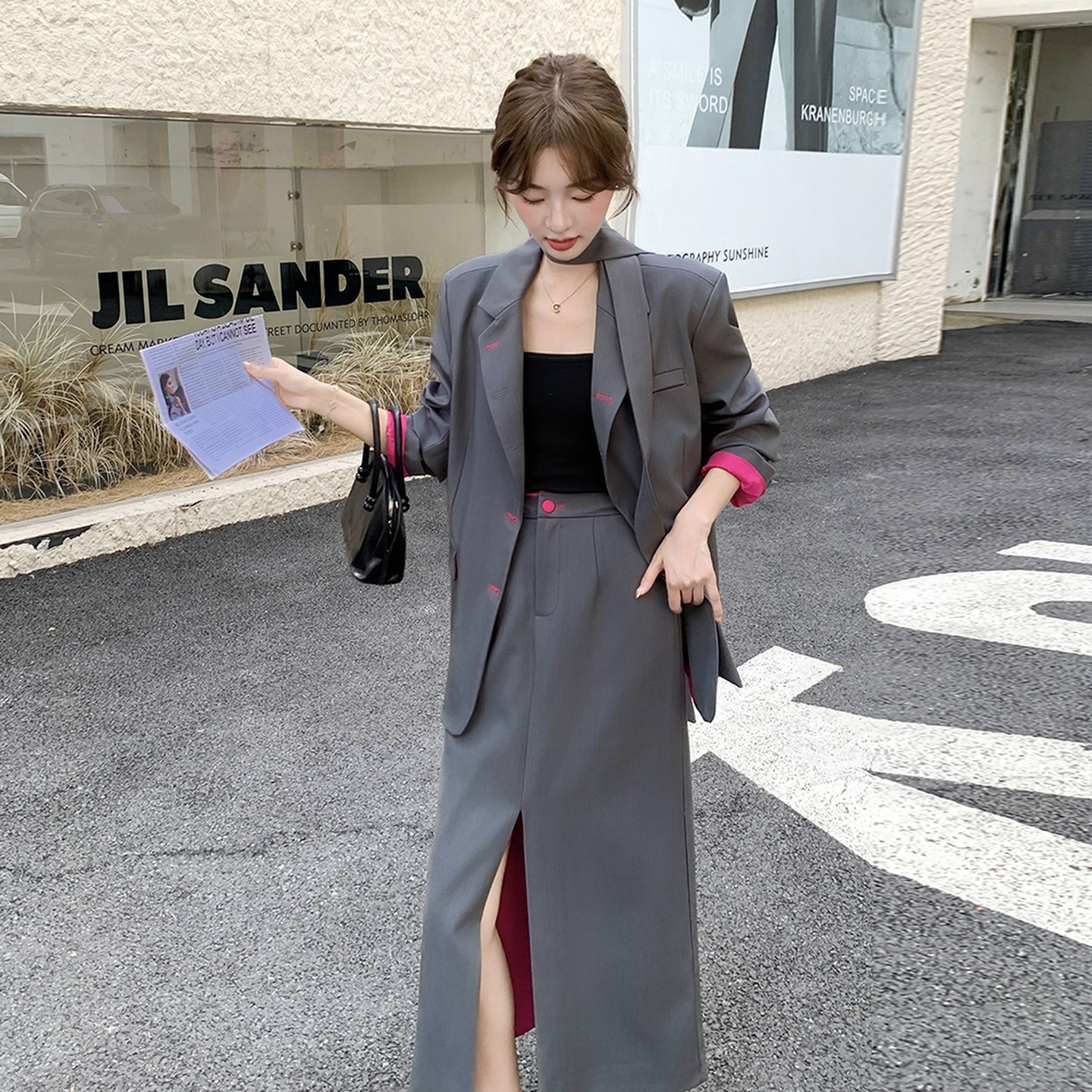 灰色撞色西装套装裙女2025秋季新款高级感时尚御姐风半身裙两件套,女装套装/套裙,浙宝176（原073）