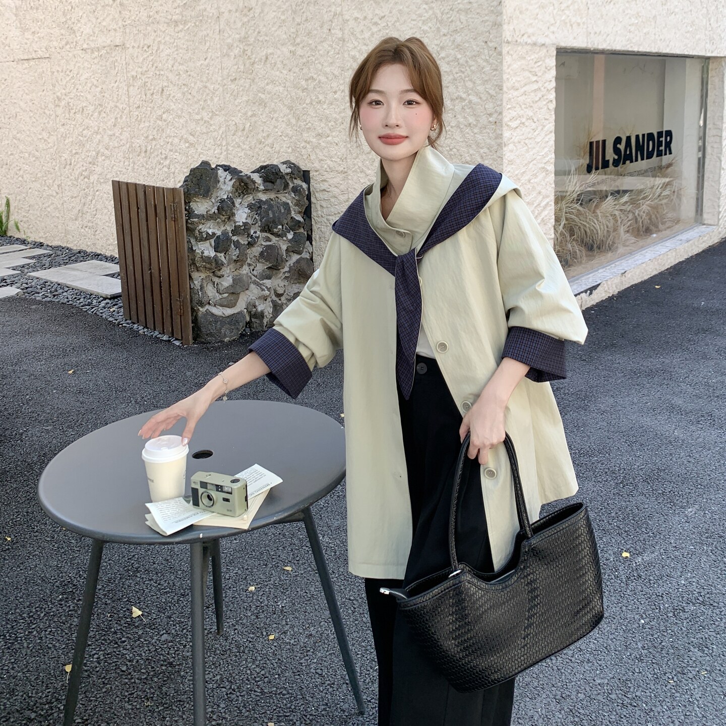 撞色格子可拆连帽风衣外套女春秋2025新款爆款百搭小个子休闲大衣,女装风衣,浙宝176（原073）