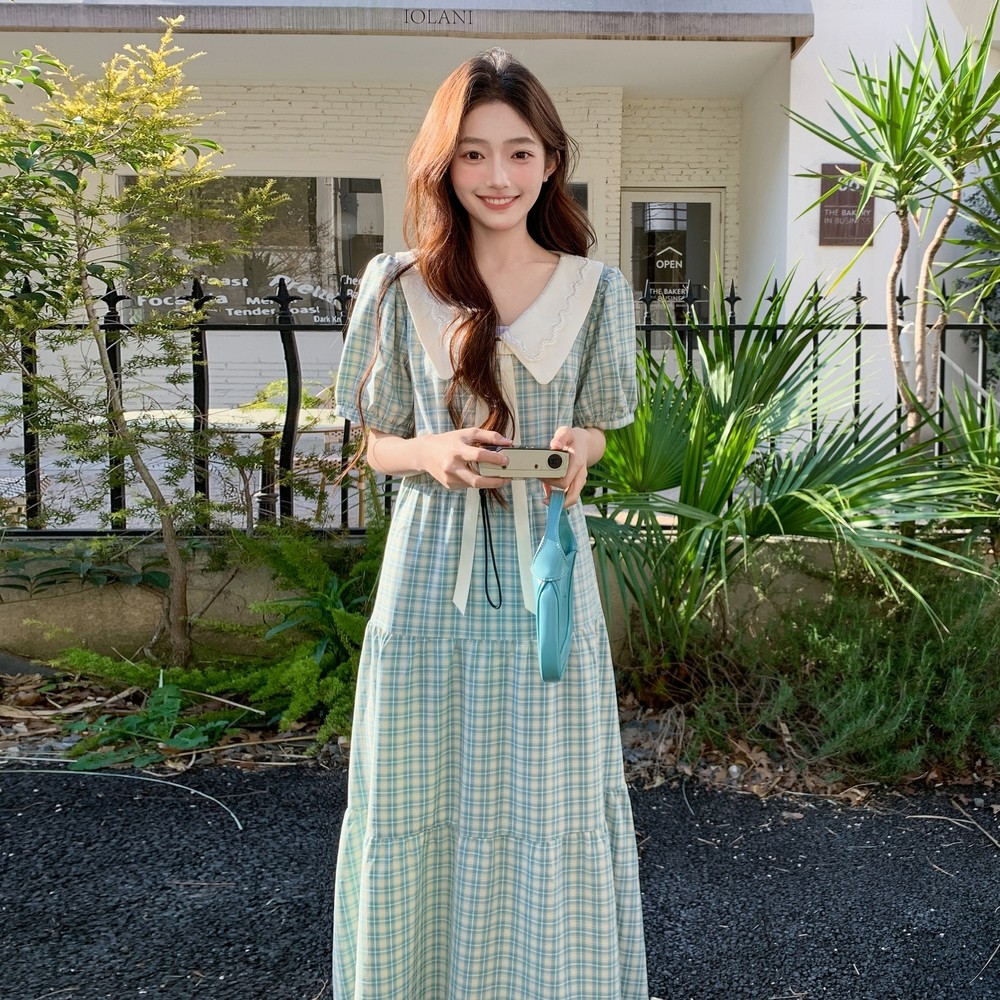 甜美风蓝色格纹连衣裙女夏2025新款超火好看娃娃领泡泡袖收腰长裙,女装连衣裙,浙宝176（原073）