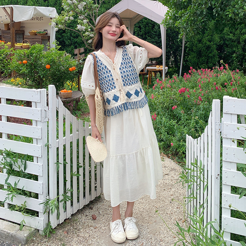 温柔风格子流苏马甲白色度假长裙夏季新款森系减龄连衣裙女,女装连衣裙,浙宝176（原073）