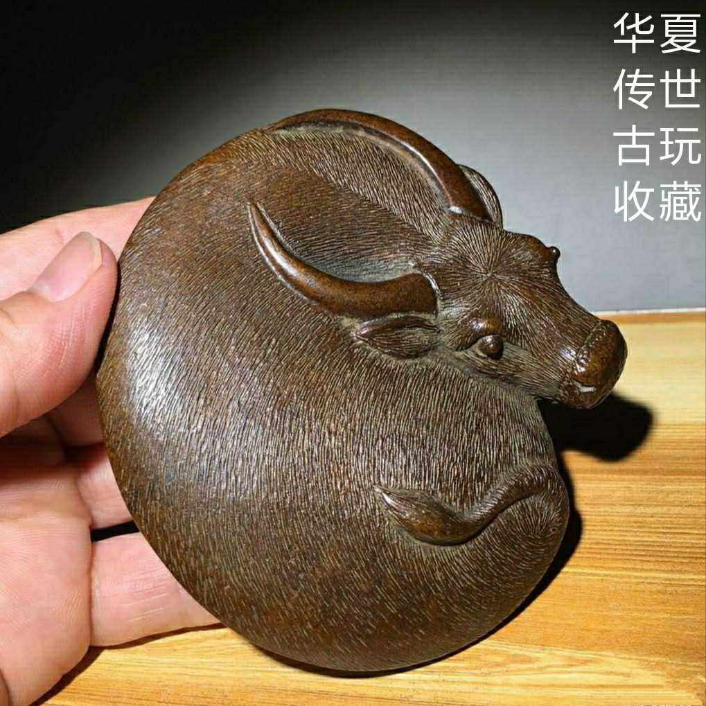 高档实心纯铜生肖牛小摆件古玩铜件手把件铜牛卧牛铜水牛镇纸紫铜