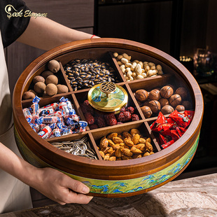 实木分格干果盒家用客厅茶几干果盘乔迁精致零食坚 天猫精品新中式