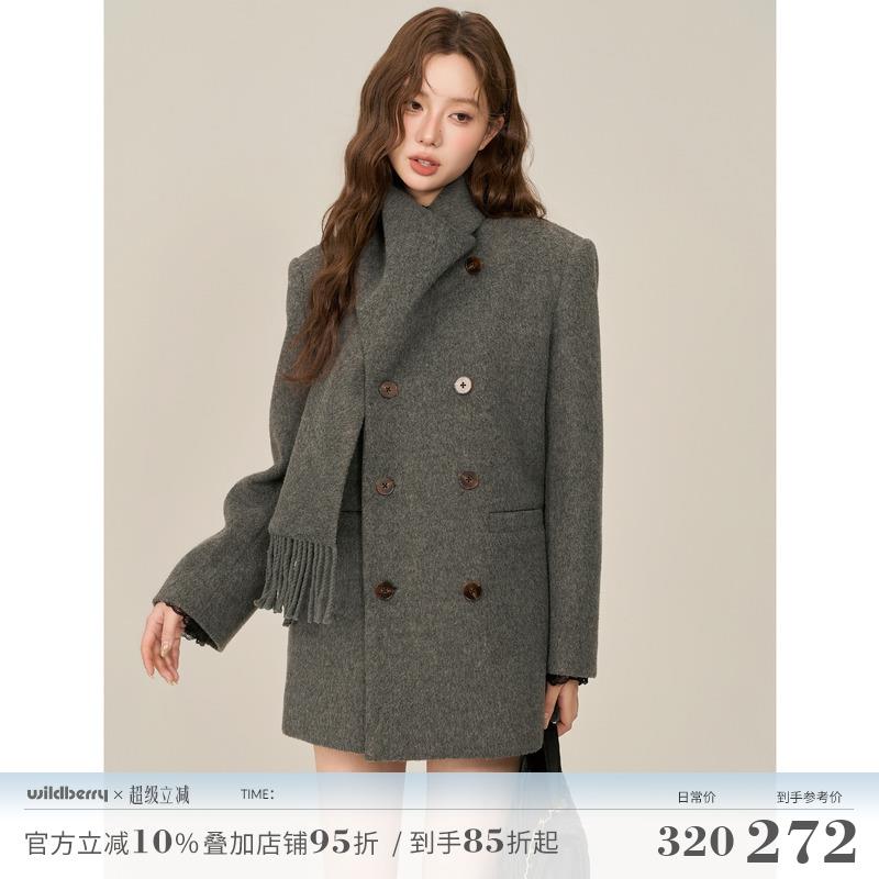 一颗小野莓韩版气质设计感围巾领双排扣中长版毛呢外套大衣女秋冬