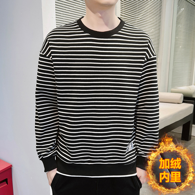 新款圆领长袖T恤加绒加厚卫衣上衣服宽松青年潮卫衣