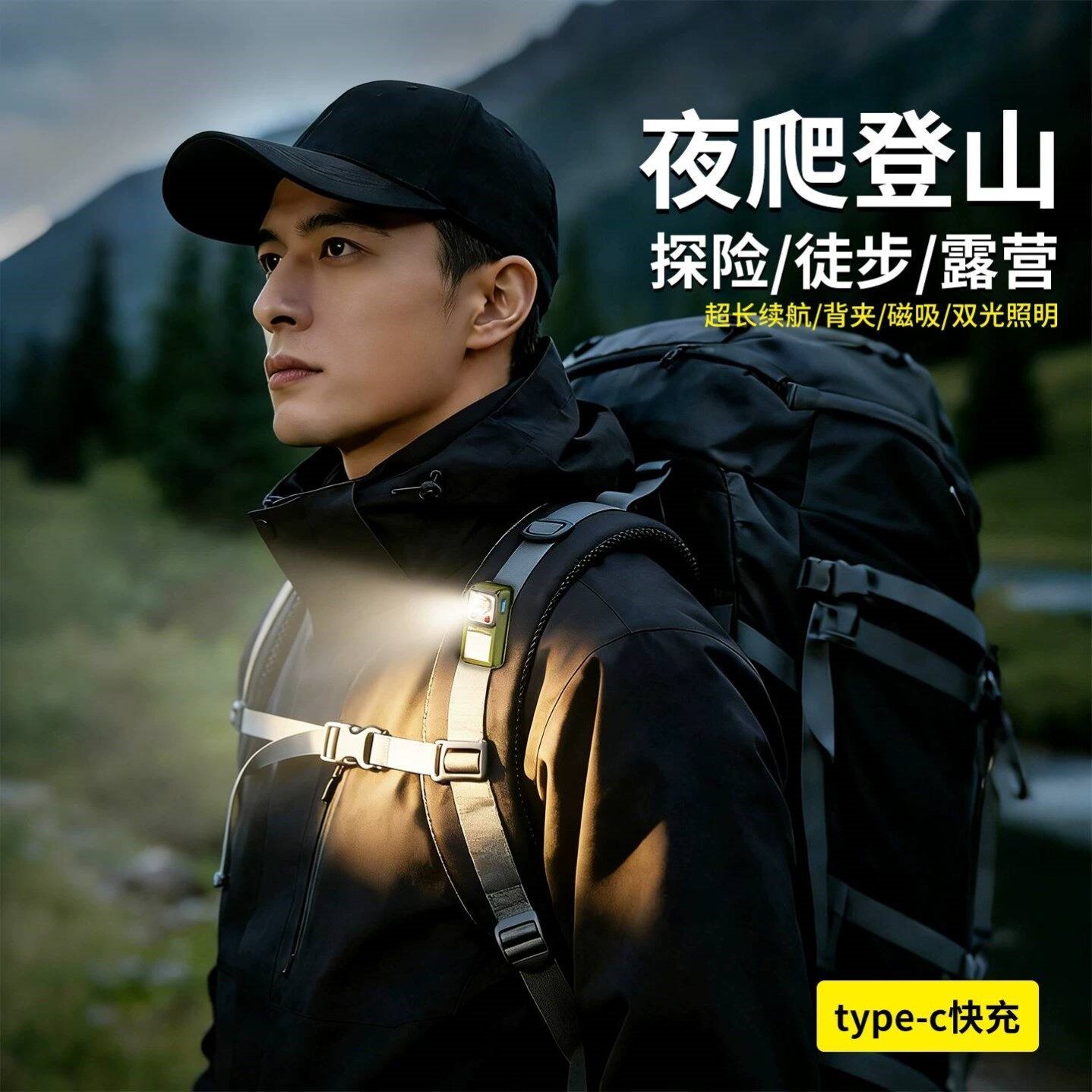新款登山夜爬灯手电筒强光充电耐用超亮户外照明灯便携多功能led