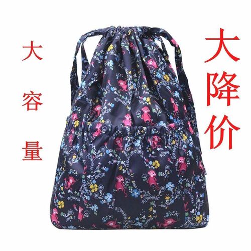 中老年双肩包买菜购物袋方便袋大容量防水揹包女抽绳束口袋花布包