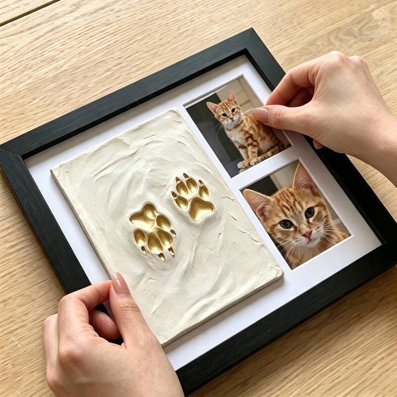 小红书爆款!猫咪脚印纪念相框照片掌印实木摆台桌面装饰画框摆件