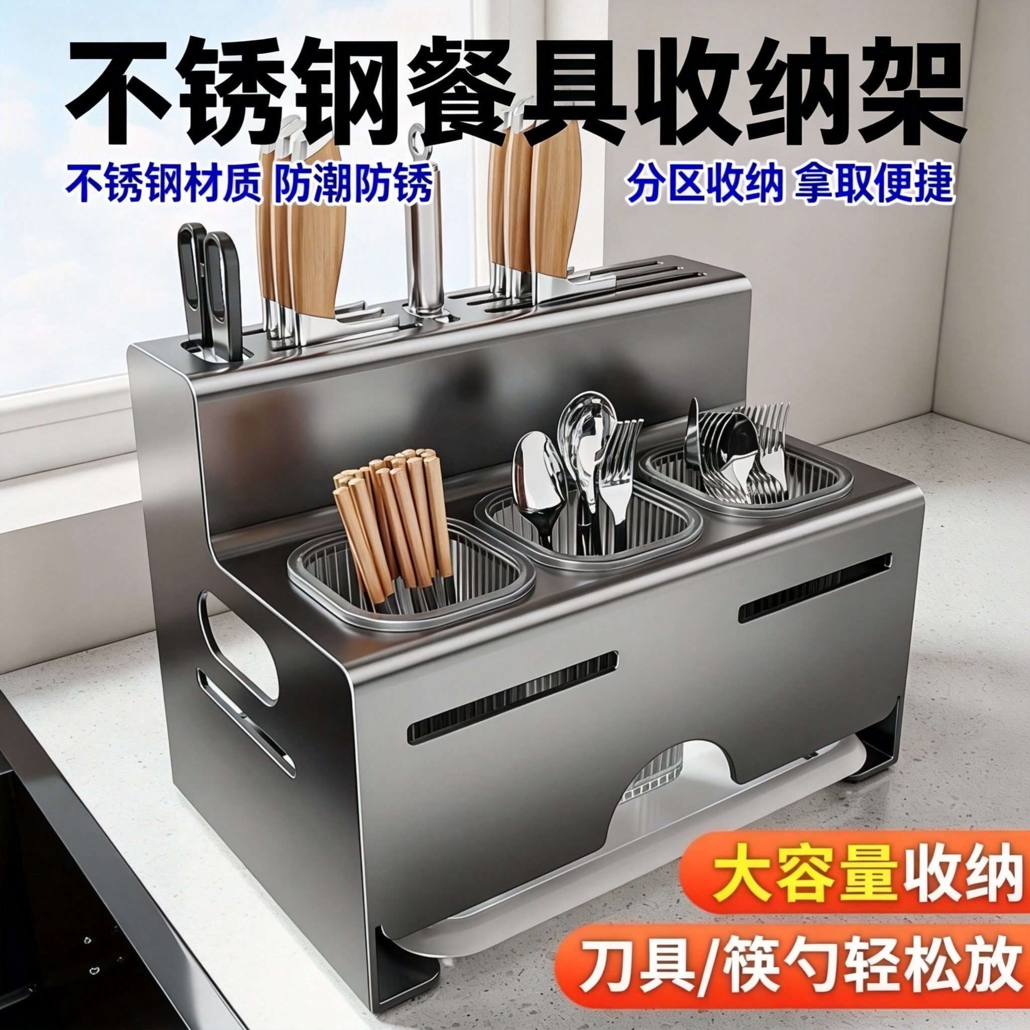 不锈钢刀架筷子笼一体置物架 厨房刀具汤勺台面沥水多功能收纳盒