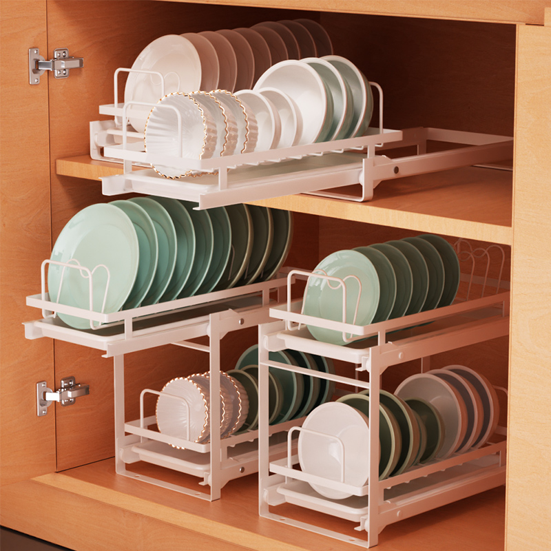 碗碟收纳架免安装抽屉式抽拉碗架厨房橱柜内置碗盘沥水拉篮置物架