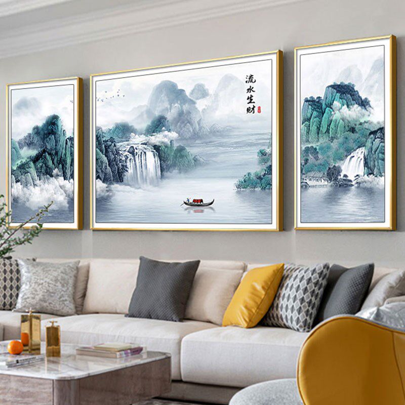 山水风景三联画2024新款十字绣线绣客厅大画新中式流水生财自己绣