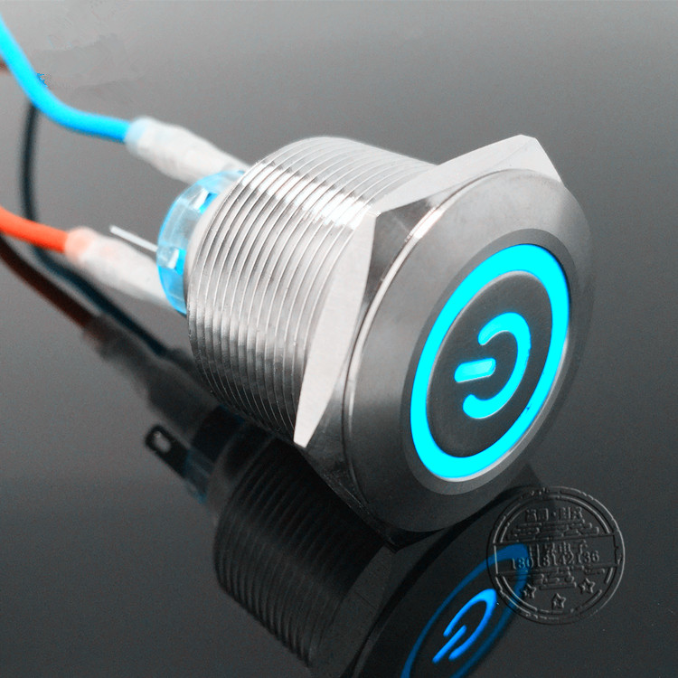 汽车自锁带电源符号灯25MM金属按钮开关6v12V24v220v不锈钢防水
