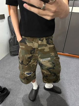 American-Style Street Ripped Patchwork Cropped Denim Shorts for Men and Women, Summer Niche Design, Loose Washed Camouflage Shorts