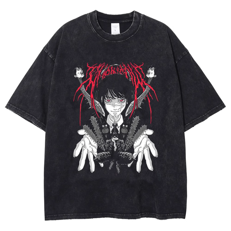 跨境Chainsaw man复古水洗T恤动漫电锯人男棉夏季短袖T恤男女原宿