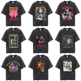 高街欧美跨境潮牌美式复古水洗做旧纯棉短袖t恤男女嘻哈宽松上衣