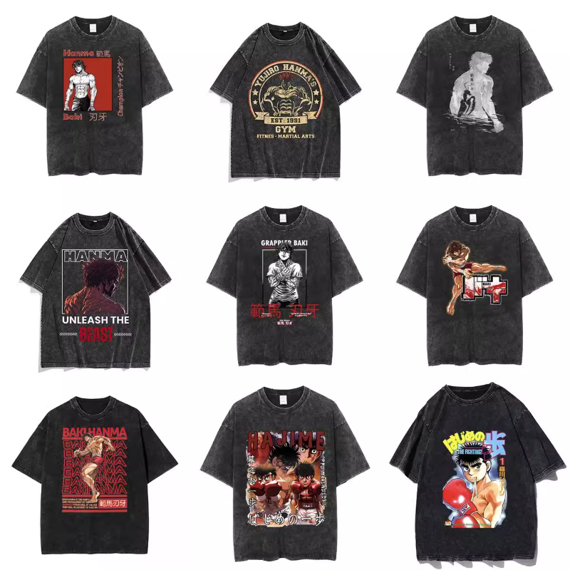 美式复古水洗做旧短袖t恤Baki Hanma纯棉男潮牌高街嘻哈宽松情侣