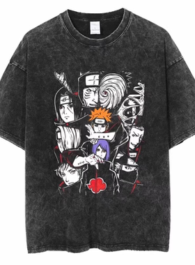 原宿街头水洗做旧复古日系火影忍者Naruto动漫纯棉T恤男夏季短袖