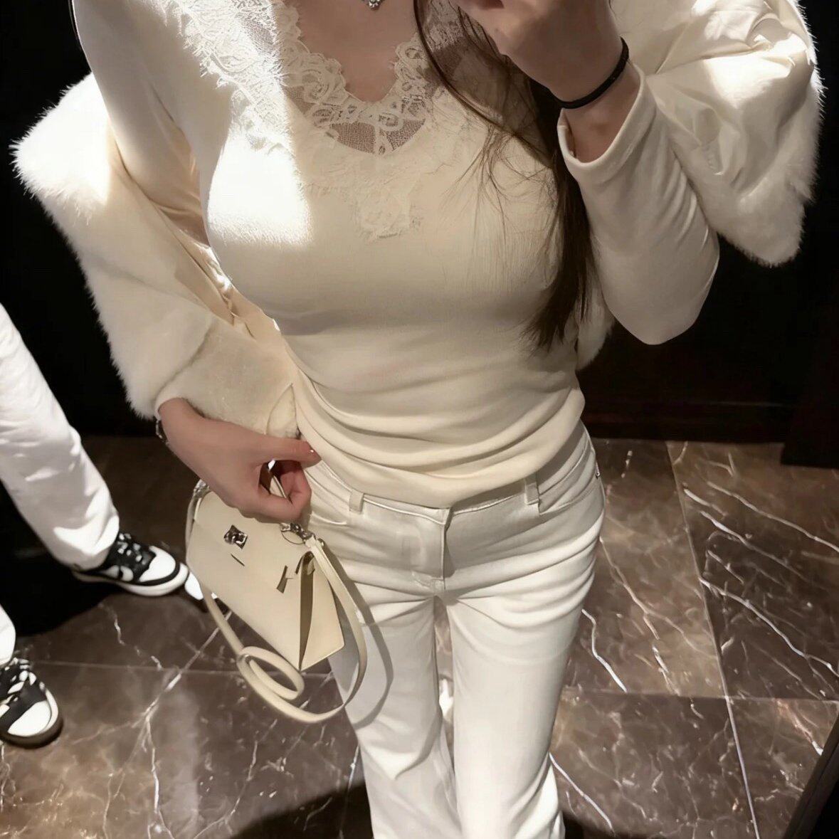 NAOAO 悸动的心 巨百搭！超亲肤长袖蕾丝内搭打底自带胸垫